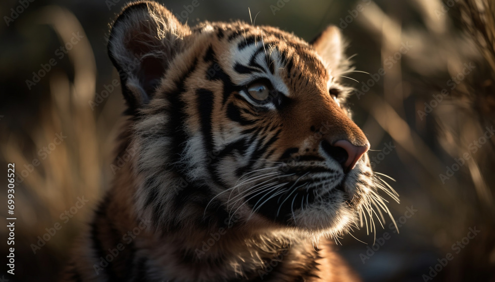 Fototapeta premium Majestic tiger, wildcat staring, danger in nature, beauty in wildlife generated by AI