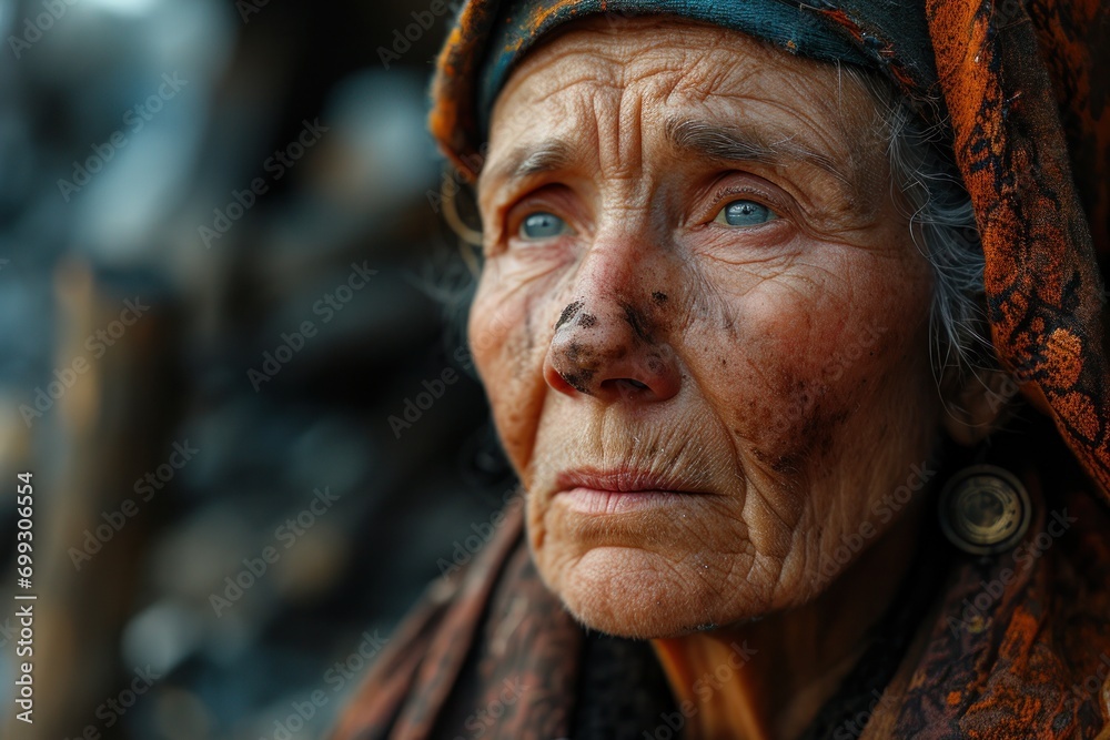 sad aged ukrainian woman on bombed out house background,