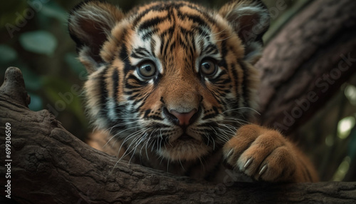 Tiger cub staring  wild beauty in nature  striped fur  close up generated by AI