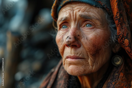 sad aged ukrainian woman on bombed out house background, photo