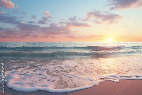 A tranquil scene of a calm sea at sunrise, representing new beginnings and hope, with gentle waves and pastel colors
