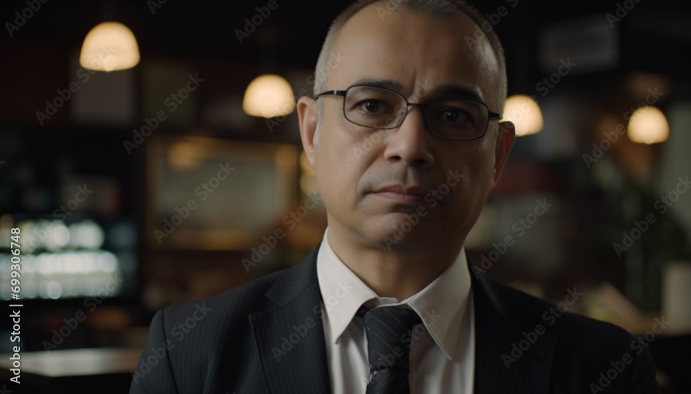 Fototapeta premium Confident businessman in suit looking at camera, successful and professional generated by AI