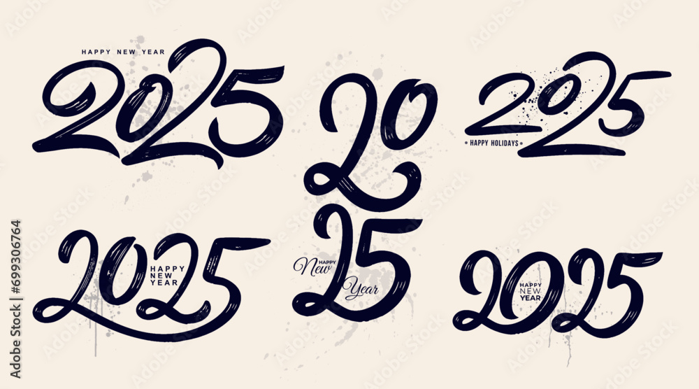 Set of Happy New Year 2025 lettering brush stroke logos. Vector with