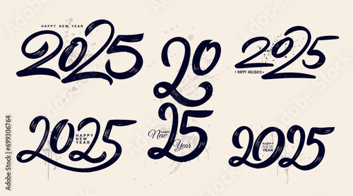 Set of Happy New Year 2025 lettering brush stroke logos. Vector with black numbers 2025 symbols. New Year holiday Christmas logos template. Collection of 2025 Happy New Year. Social media post. photo