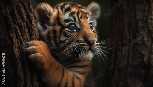 A cute Bengal tiger cub staring, focusing on its beauty generated by AI