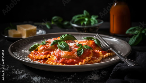 Fresh pasta with tomato sauce, mozzarella, and Parmesan cheese on plate generated by AI