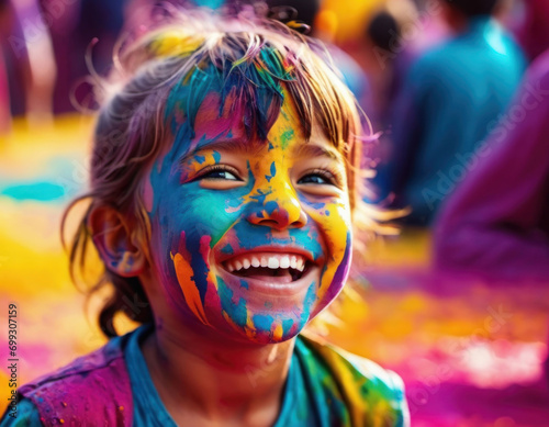 Happy smiling child girl in bright neon colors at Holi festival of colors