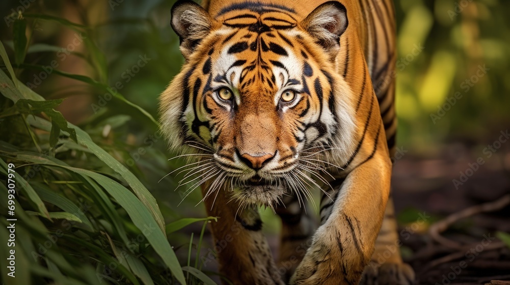 Close up portrait of beautiful tiger with lush habitat background. AI generated image Close up portrait of beautiful tiger with lush habitat background. AI generated image
