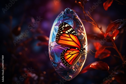 An artistic representation of a butterfly emerging from a cocoon, symbolizing transformation and new life, with vibrant colors. photo
