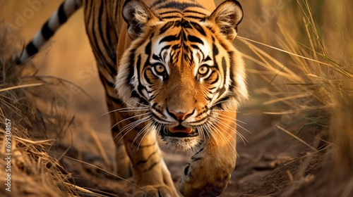 Close up portrait of beautiful tiger with lush habitat background. AI generated image