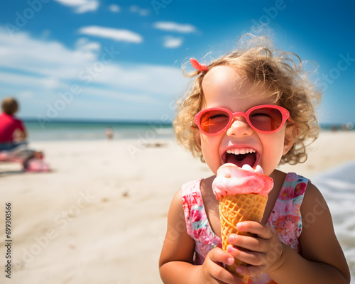 Happy smiling child eating ice cream on the beach. Summer concept.