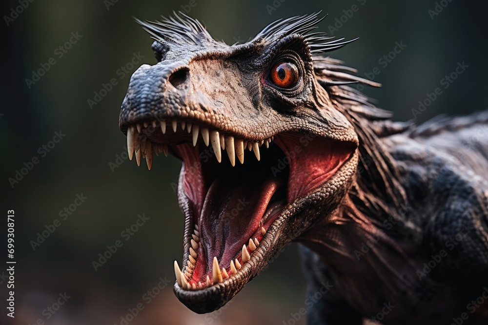 A close up of a dinosaur head. A close up of a dinosaur head.