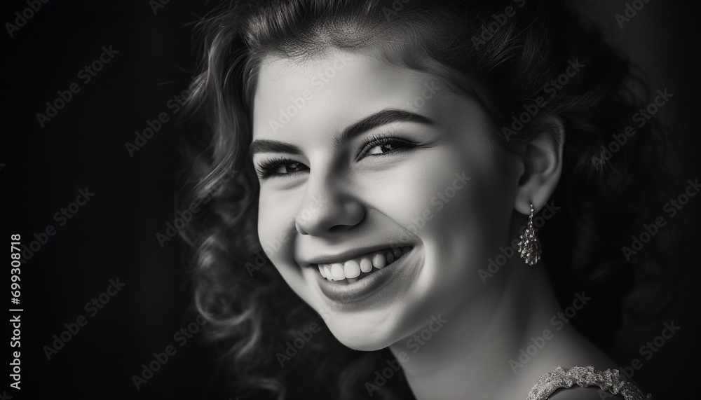 Smiling woman, beauty in black and white, looking at camera generated by AI