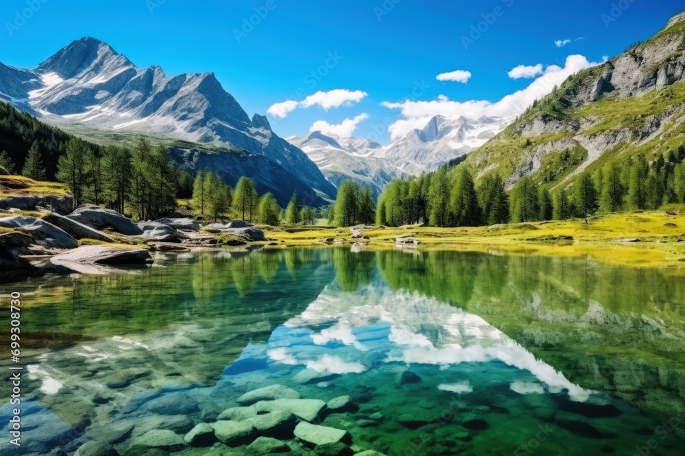 A crystal clear mountain lake in a beautiful mountain landscape.