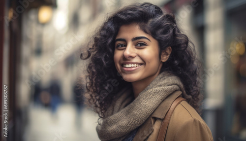 Smiling young woman, outdoors, portrait, happiness, cheerful, looking at camera generated by AI © Jeronimo Ramos