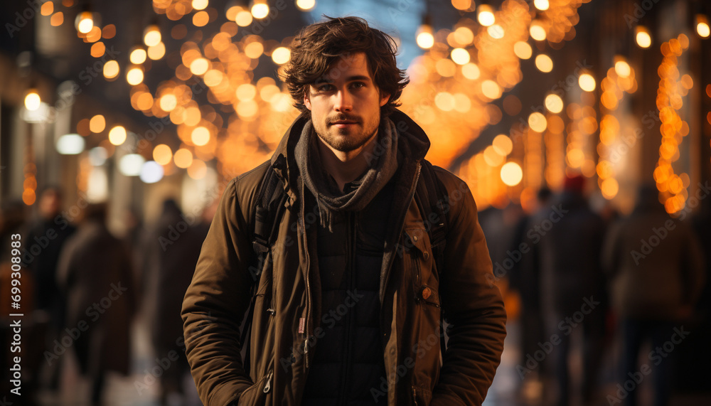 A young man smiling, standing outdoors in the city at night generated by AI