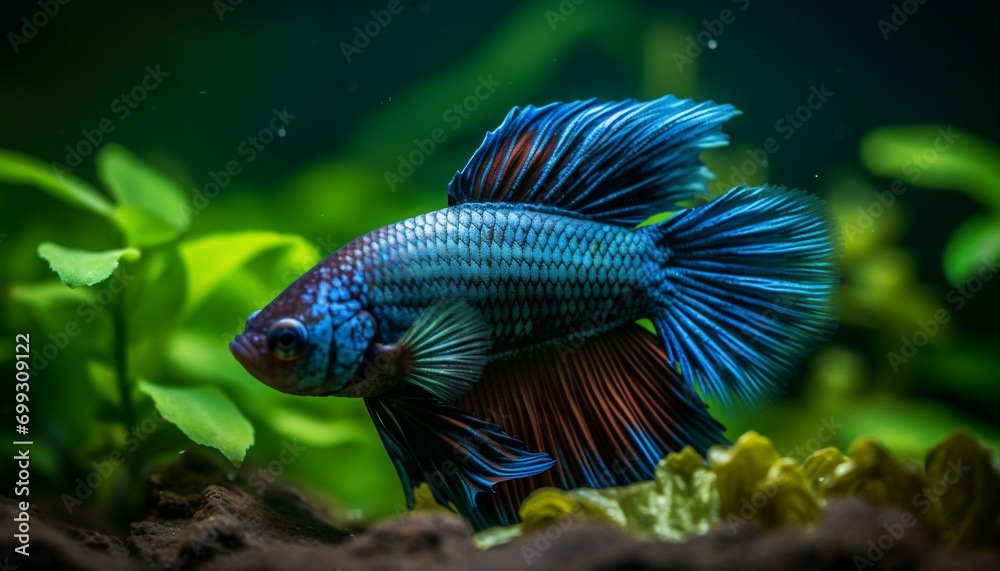 Fototapeta premium Blue fish swimming in water, showcasing elegance and natural beauty generated by AI