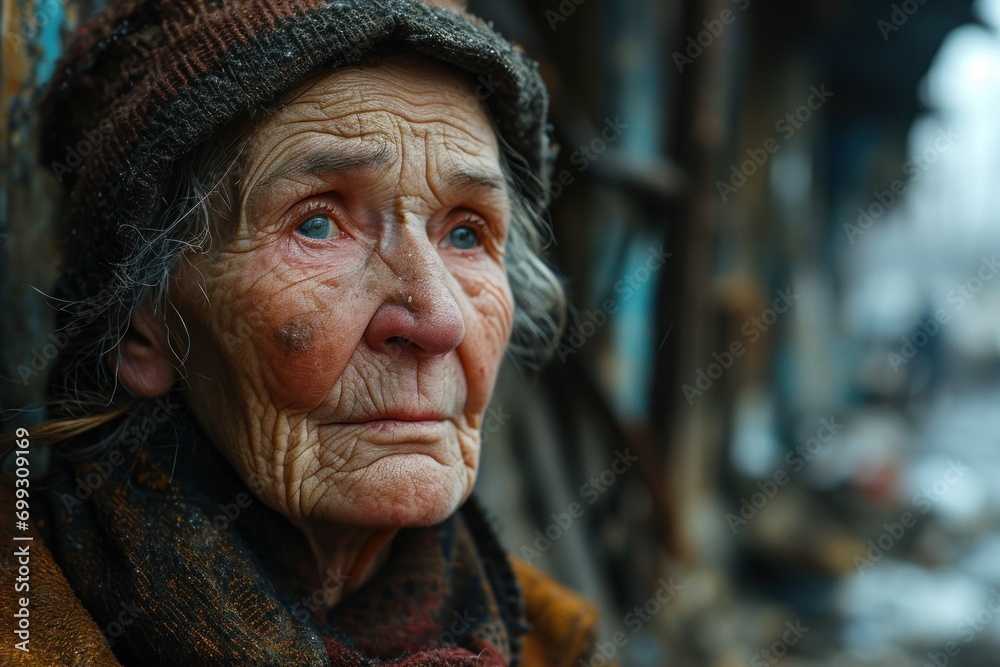 sad aged ukrainian woman on bombed out house background, sad aged ukrainian woman on bombed out house background,