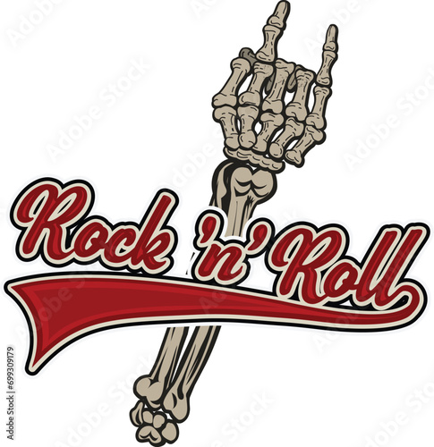 Rock 'n' roll - banner, logo, emblem, label or design element. Creative lettering with skeleton hand.