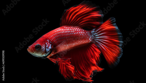 Siamese fighting fish swims in blue water, displaying vibrant colors generated by AI