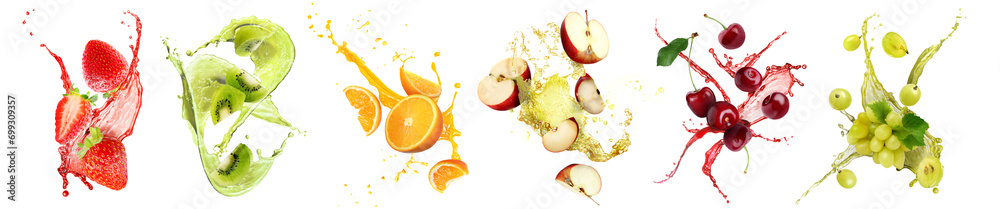 Fresh fruits with splashing juices on white background, set - obrazy, fototapety, plakaty 