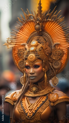 Portrait 9:16 of a beautiful woman in carnival mask with wheel cap decoration on her head, sun or reincarnation symbol, golden divinity, thai, asian or african metis goddess, beauty fashion model idol