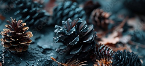 Pine cones on forest floor in close-up view. Autumn and winter. © Postproduction