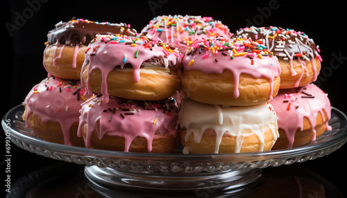 Gourmet donut with colorful icing, a sweet indulgence on wood generated by AI