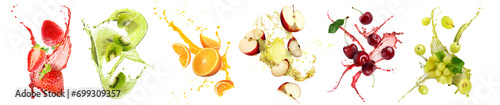Fresh fruits with splashing juices on white background, set