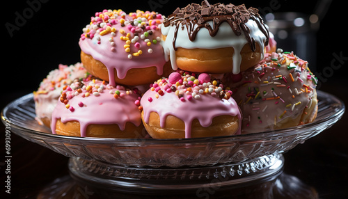 Homemade gourmet donut, chocolate icing, multi colored sprinkles, sweet temptation generated by AI