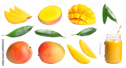 Fresh mango fruits  juice and green leaves isolated on white  set