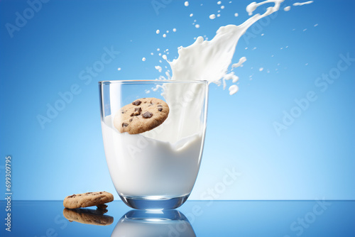 A glass of milk with a splash and drops around and chocolate chip cookies on a blue background.