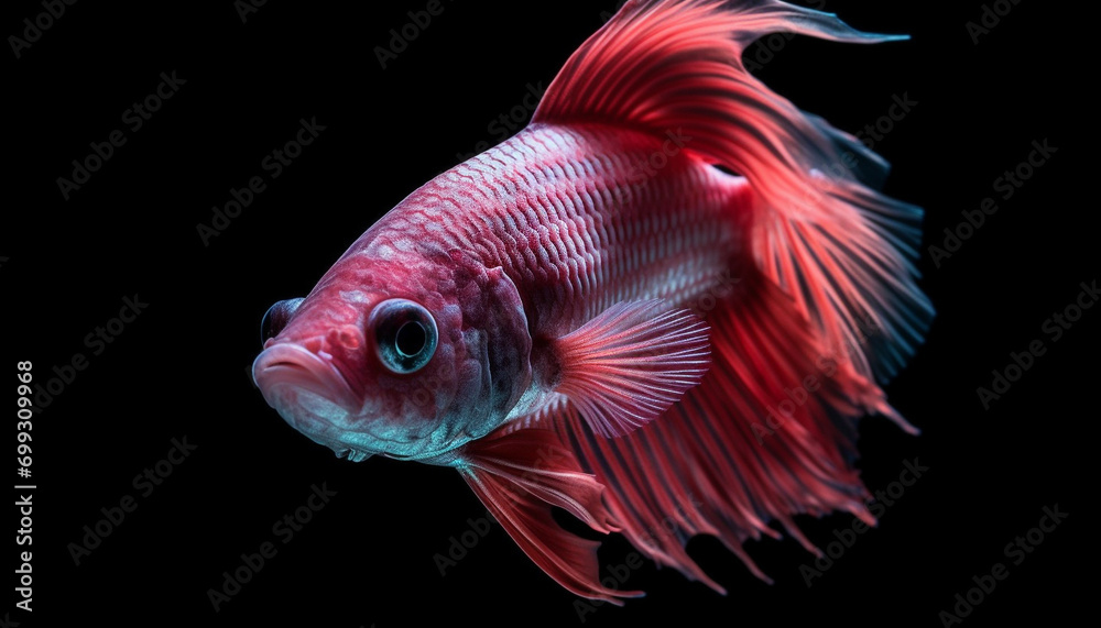 Multi colored siamese fighting fish swimming in a dark fish tank generated by AI