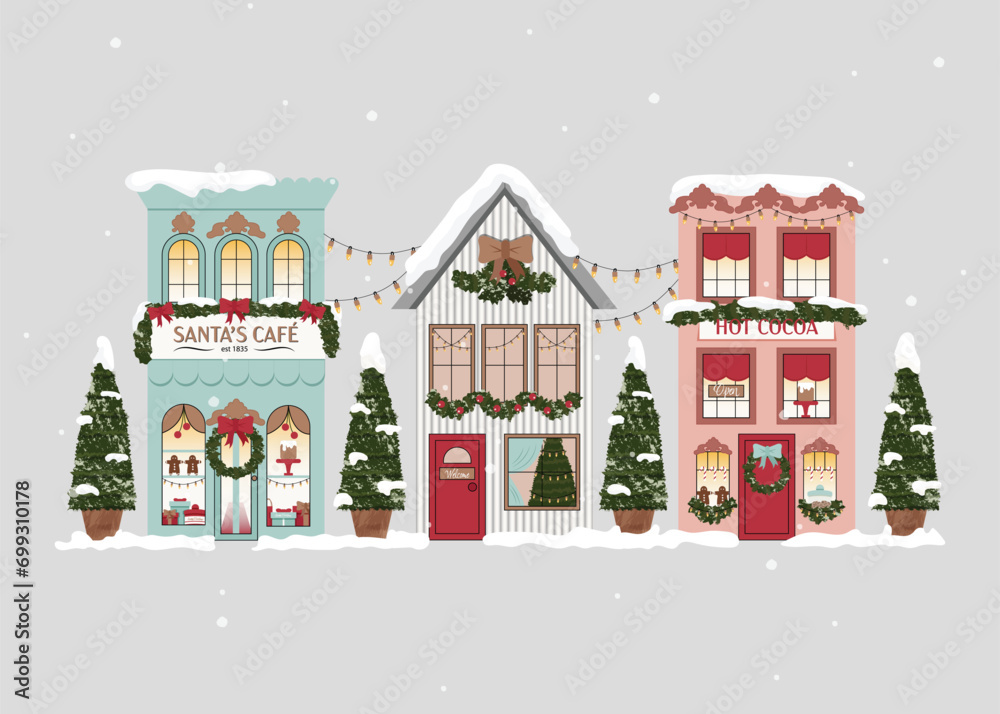 Christmas Scenery, Holiday, Christmas Cafe and Shop, Premium Vector
