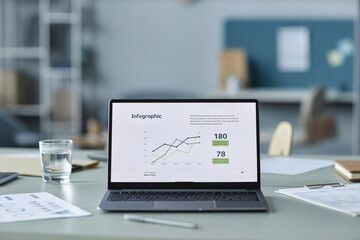 Close up shot of opened laptop with infographic on screen prepared for report presentation in office