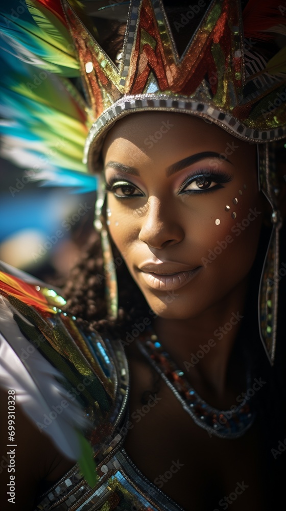 Closeup portrait 9:16 of a woman in colorful joyful costume, on a sunny day, with the sun light on her black skin, beautiful brasilian dancer during the Rio Carnival in Brasil, magnificent costume 