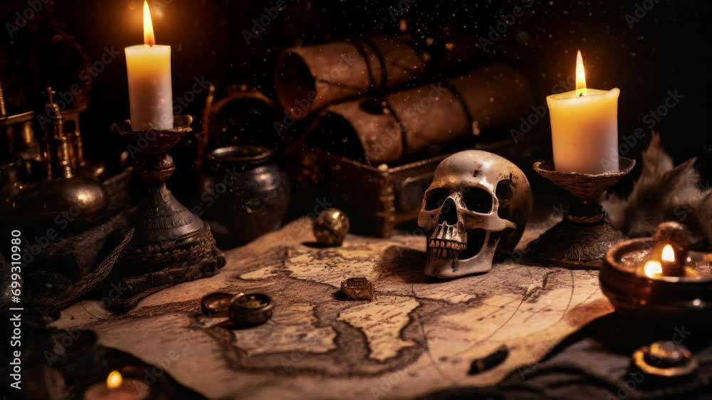 skull and candle, treasure map old vintage map, compass, pirates gold ...