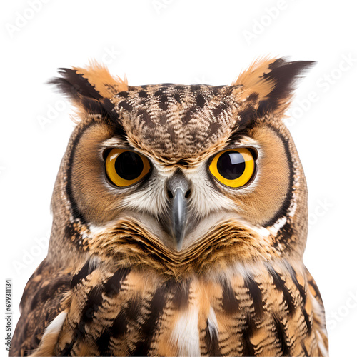 Half Body Snapshot of an Owl in Close Up, Isolated on Transparent Background, PNG