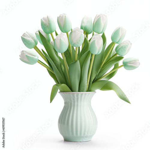 bouquet of tulips in ceramic vase on white background, AI generation 