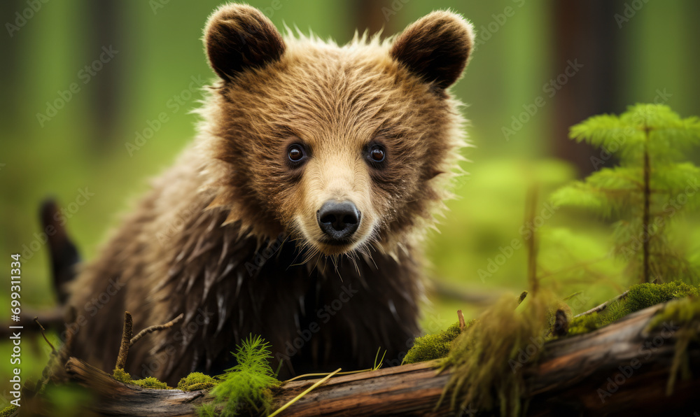 Obraz premium Adorable Brown Bear Cub Exploring the Forest, Captured in a Natural Habitat with a Soft-Focused Green Background