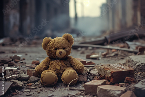 teddy bear sitting in rubble on the street, smoke in the distance