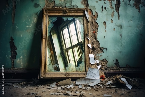 An old broken mirror with cracks in an abandoned haunted house.