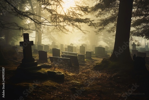 An old cemetery in hazy light.