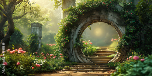 Enchanted Garden Gateway Overgrown with Lush Greenery and Flowers, Inviting to a Mystical Journey in a Sunlit Glade #699311389