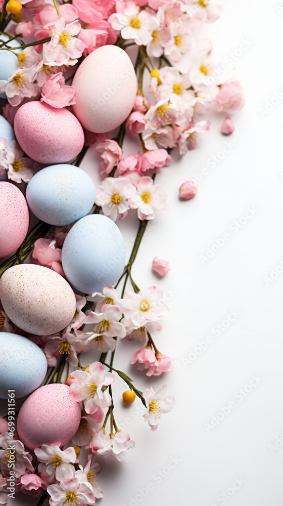 Easter celebration background with pastel colored eggs and pink blossoms on a white backdrop