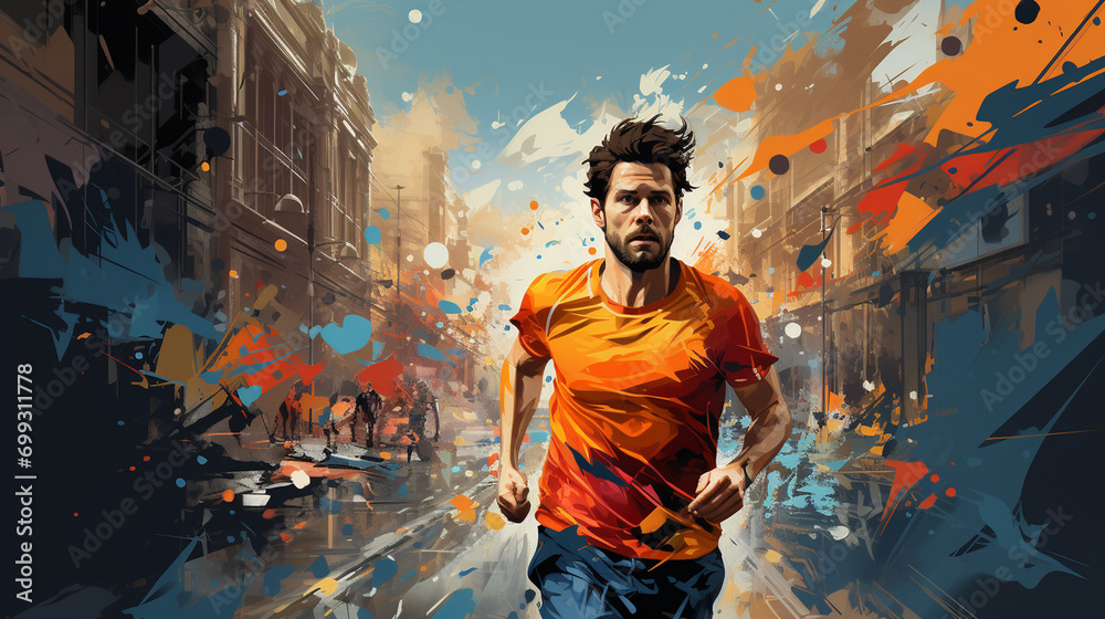 Runner with blue and orange illustrated dynamic background