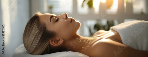 Tranquil Spa Day with Soothing Neck Massage for Ultimate Relaxation and Self-care. Woman enjoys a calming treatment. Amidst a peaceful ambiance, the individual lies in repose, relaxation. photo