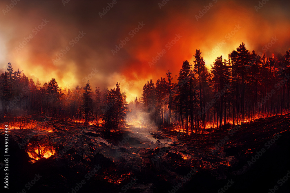 Forest fire disaster illustration, trees burning at night, wildfire nature destruction, damaged environment caused by global warming