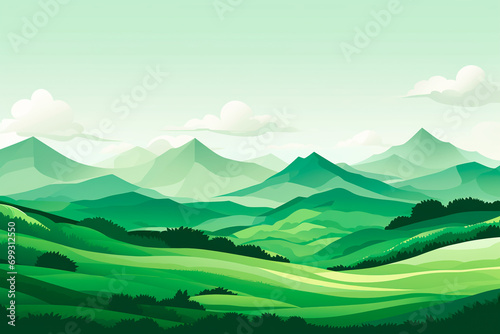Capturing the essence of nature: a minimalistic illustration featuring abstract green landscapes with serene mountains and rolling hills as a tranquil backdrop.