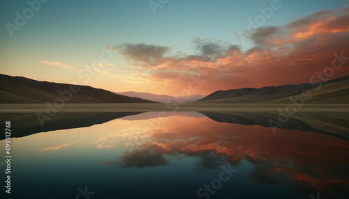 Tranquil scene nature beauty in sunset, reflecting on water generated by AI